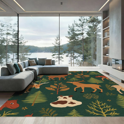 Woodland Animals Forest Green Creatures Rug