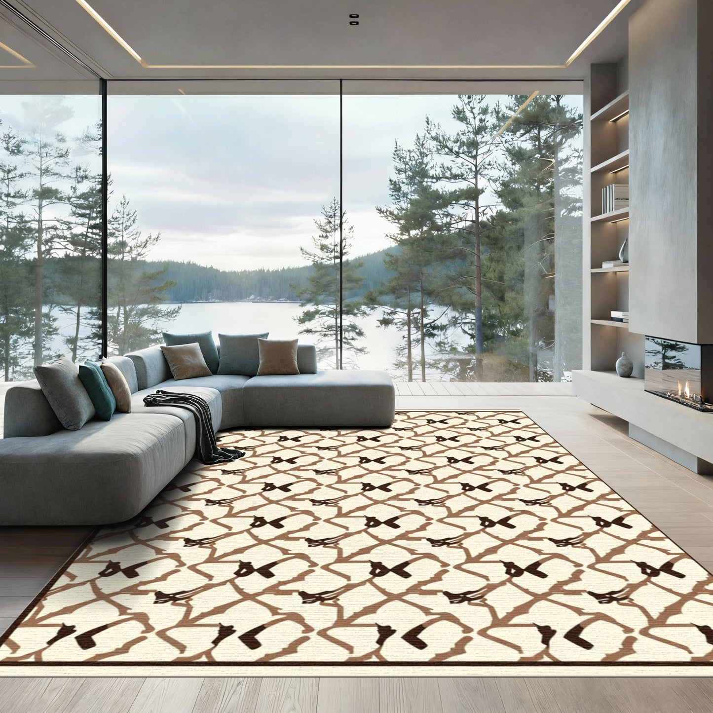 Brown Geometric Lattice Brushstroke Rug