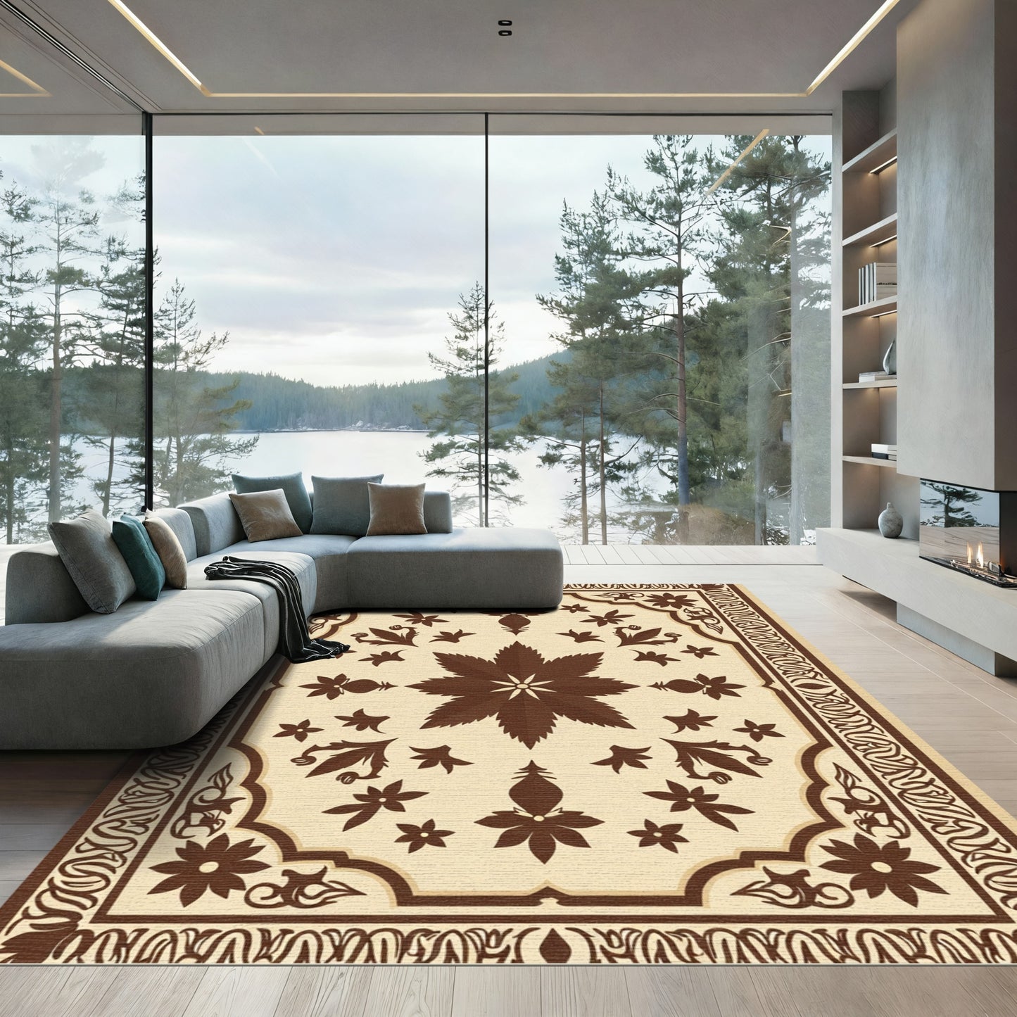 Dark Brown Floral Medallion Cream Rug