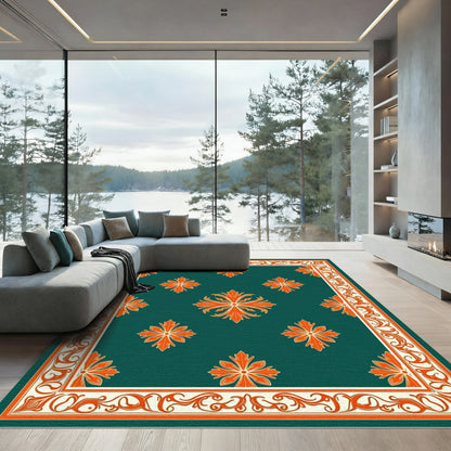 Ornate Green Orange Floral Medallion Rug
