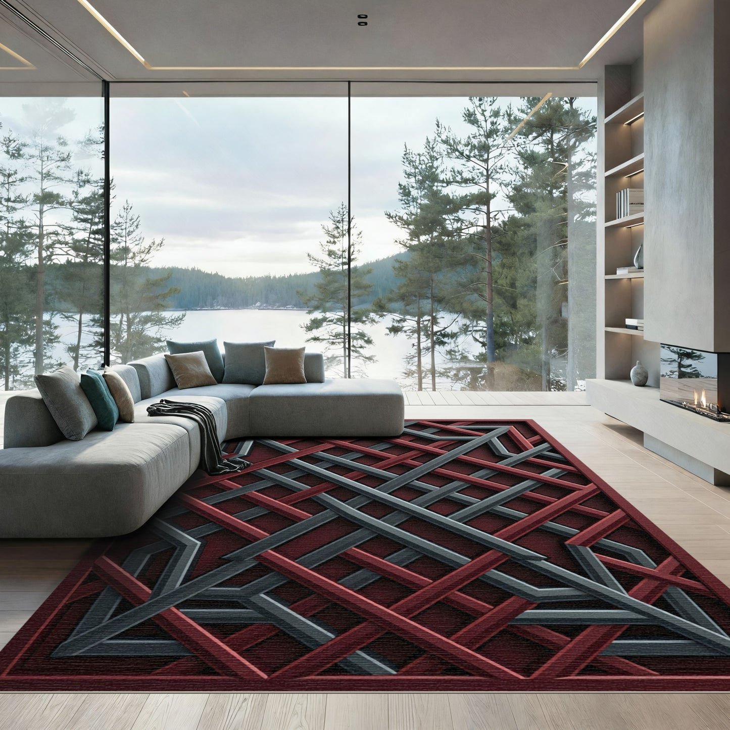 Crimson Gray Interlocking Geometric Rug