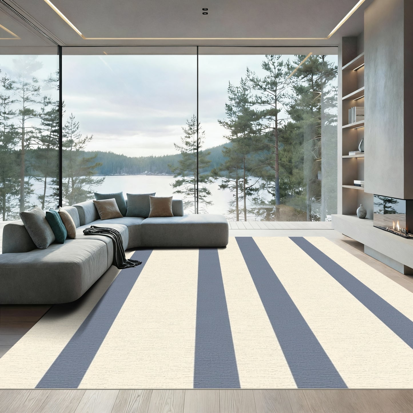 Cream and Blue Stripe Rug