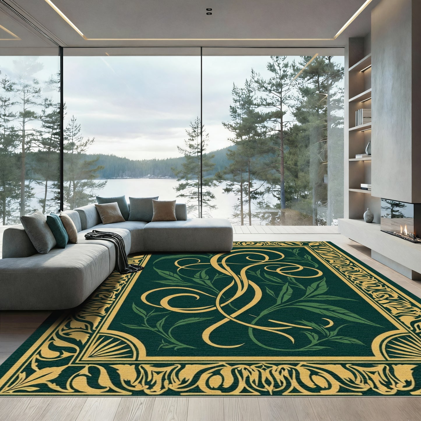 Elegant Gold Emerald Leaf Scroll Rug