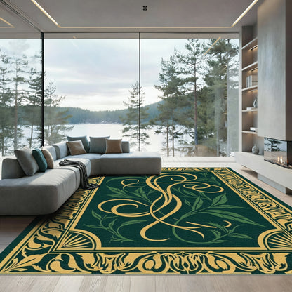 Elegant Gold Emerald Leaf Scroll Rug