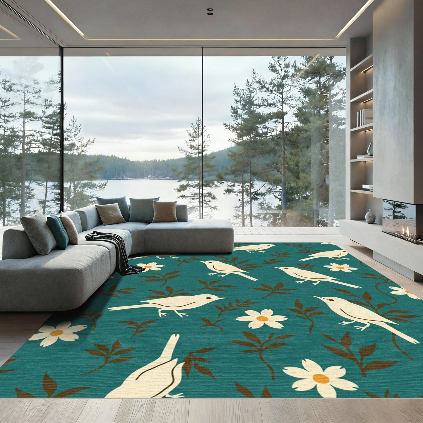 Cream Birds Floral Teal Field Rug