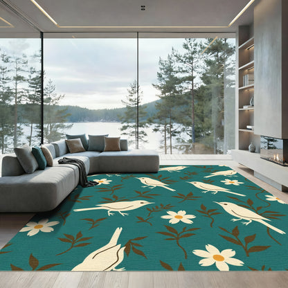 Cream Birds Floral Teal Field Rug