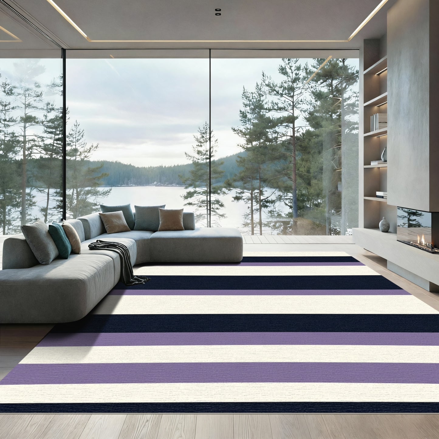 Navy Lilac Cream Horizontal Stripe Rug
