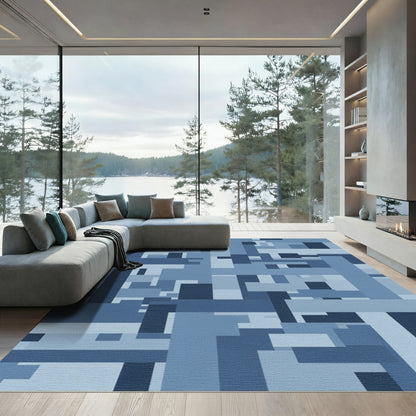 Deep Blues Geometric Interlocking Blocks Rug