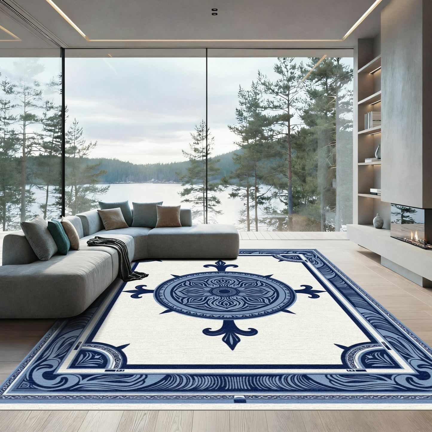 Indigo Blue Center Medallion Bordered Rug