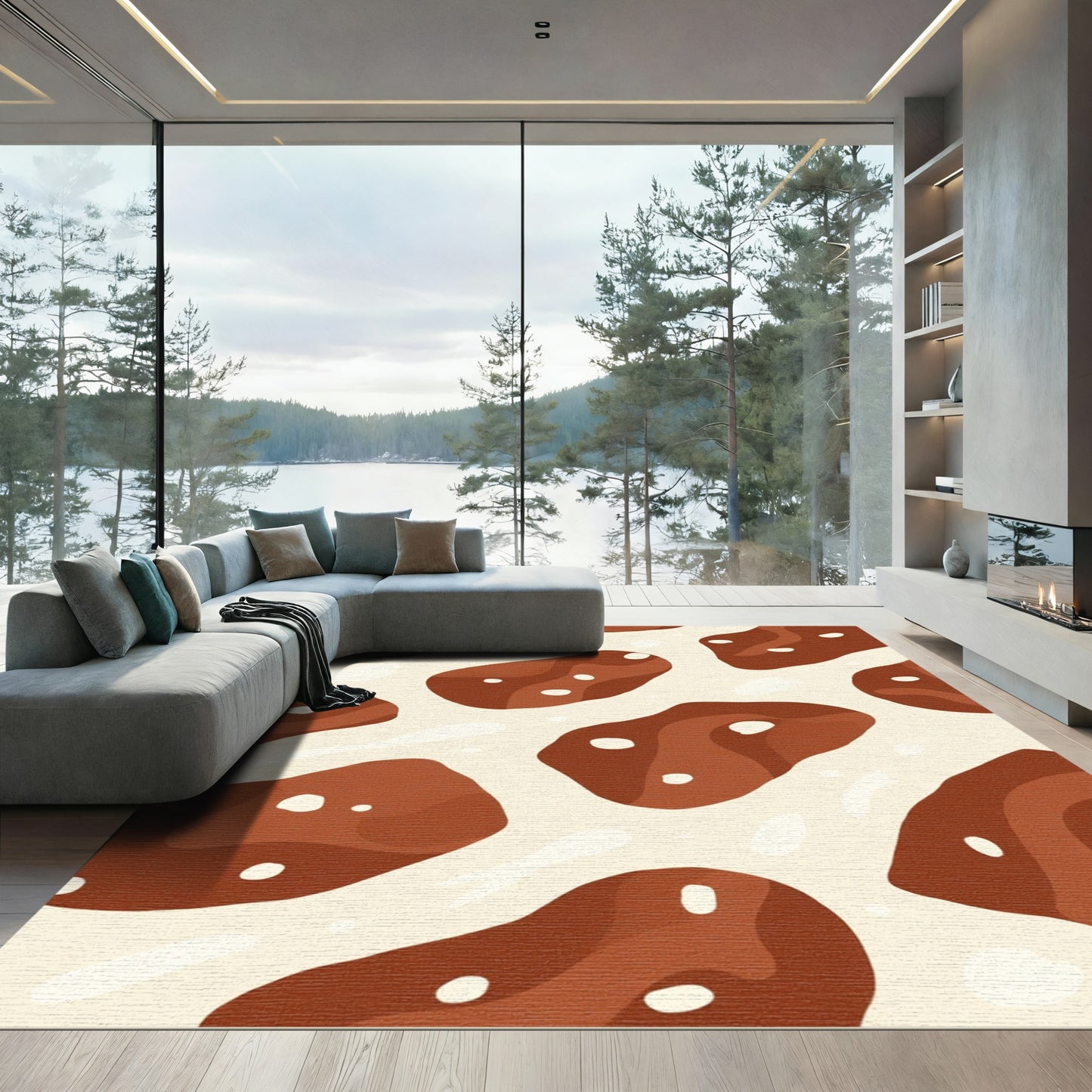 Brown and Cream Abstract Blob Rug