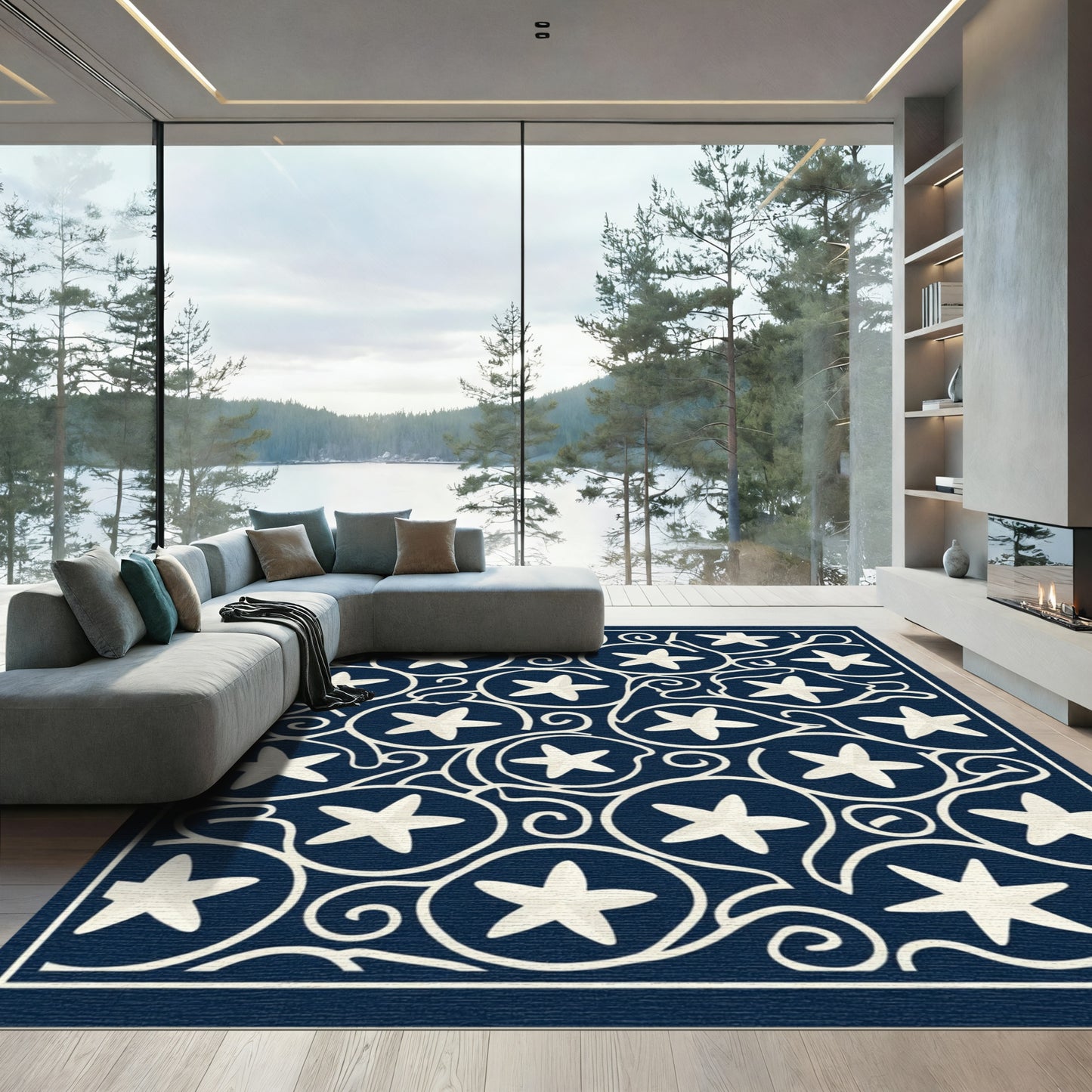 Navy Cream Star Swirl Accent Rug