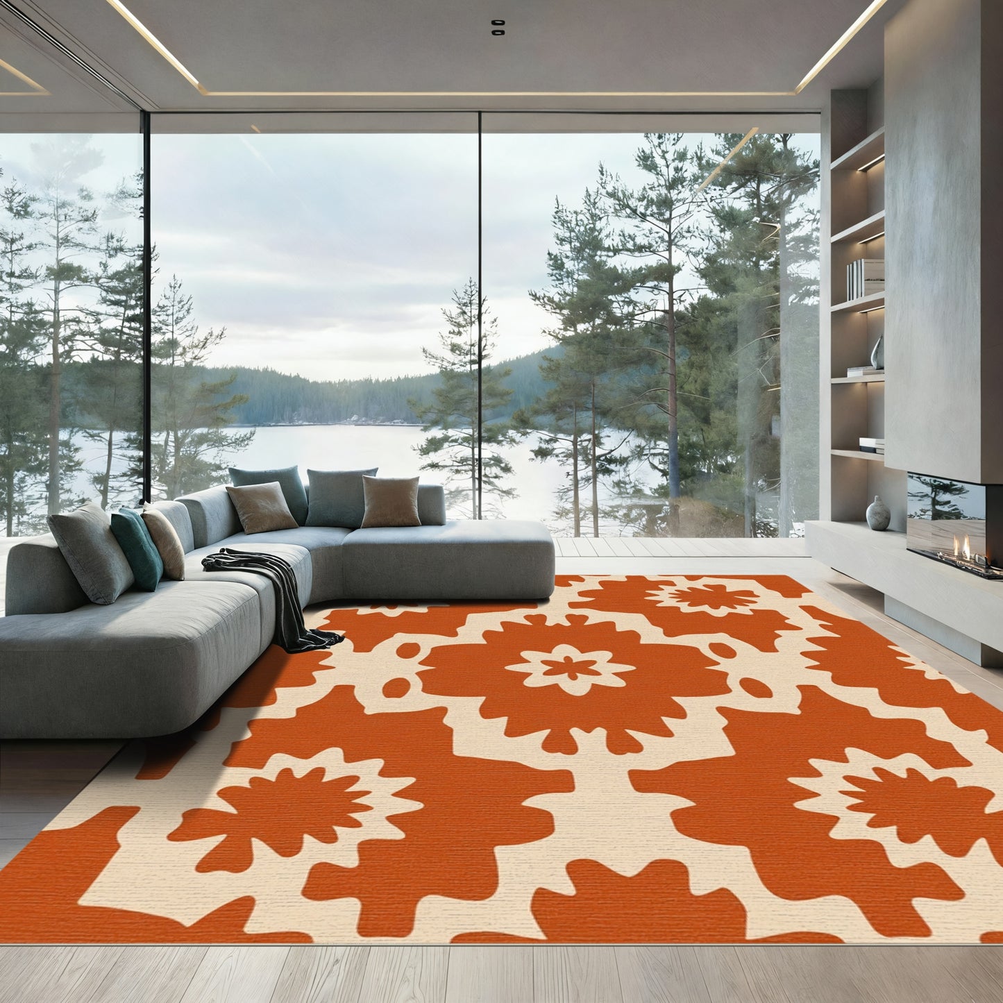 Terracotta Floral Sunburst Medallion Rug
