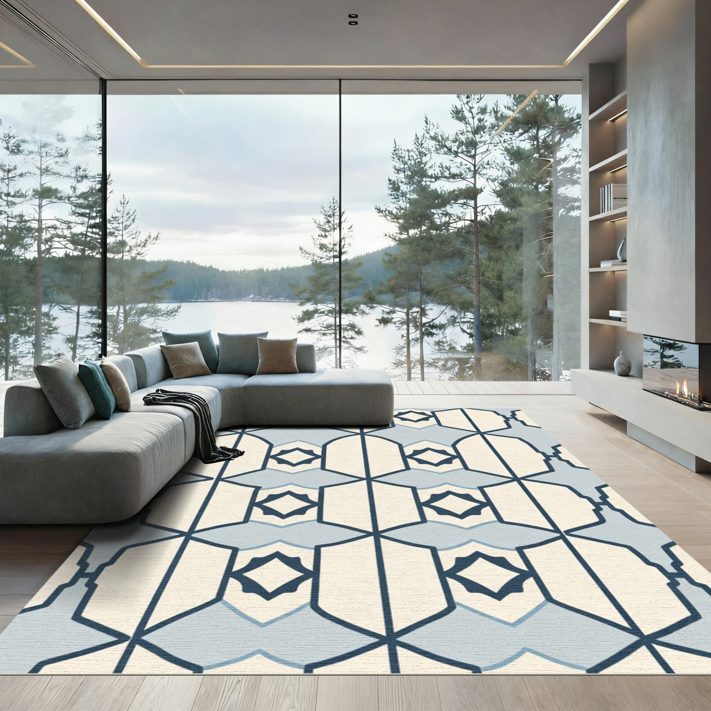 Cream Navy Geometric Shield Medallion Rug