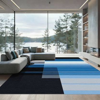 Modern Blue Grayscale Geometric Lines Rug