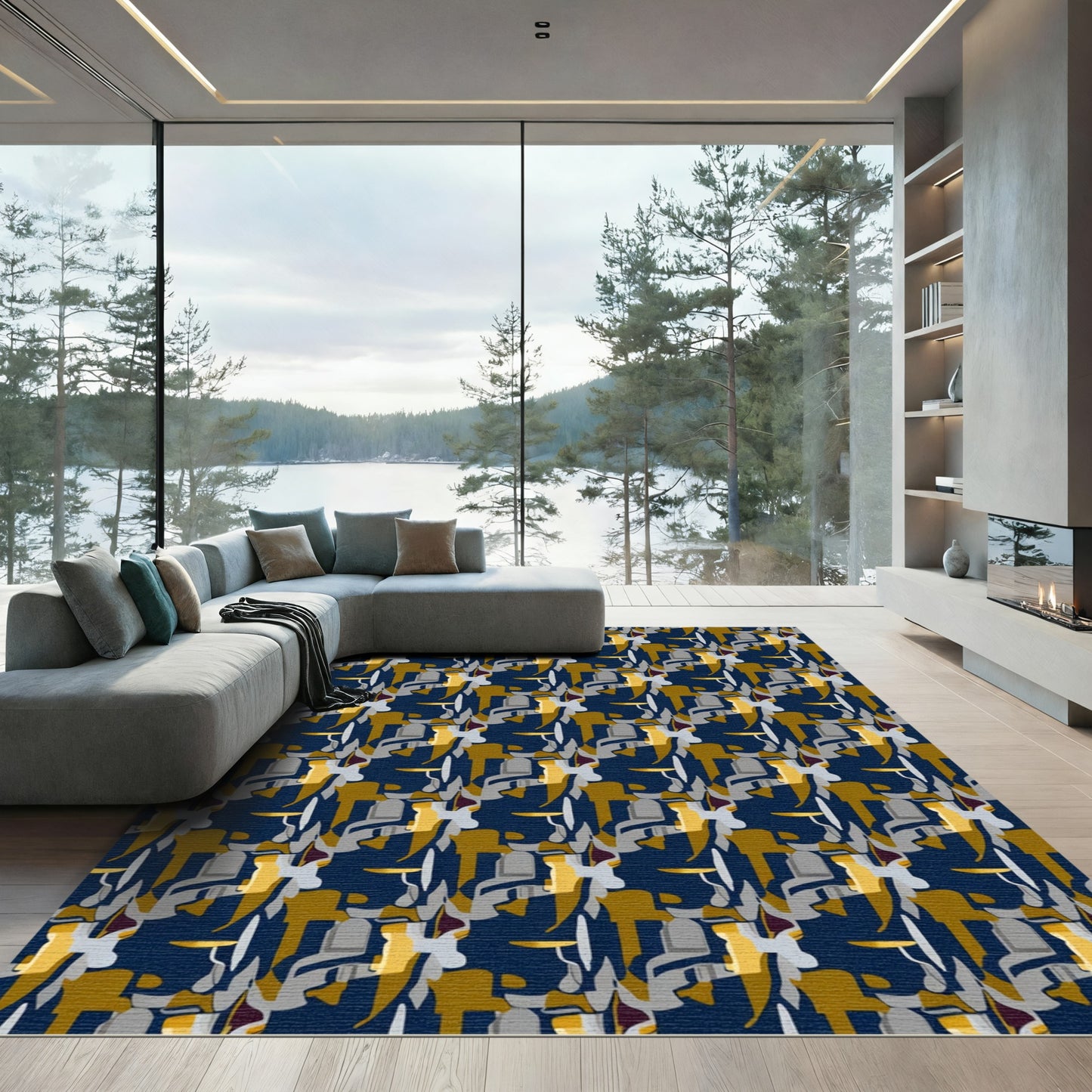 Navy Blue Abstract Geometric Elements Rug