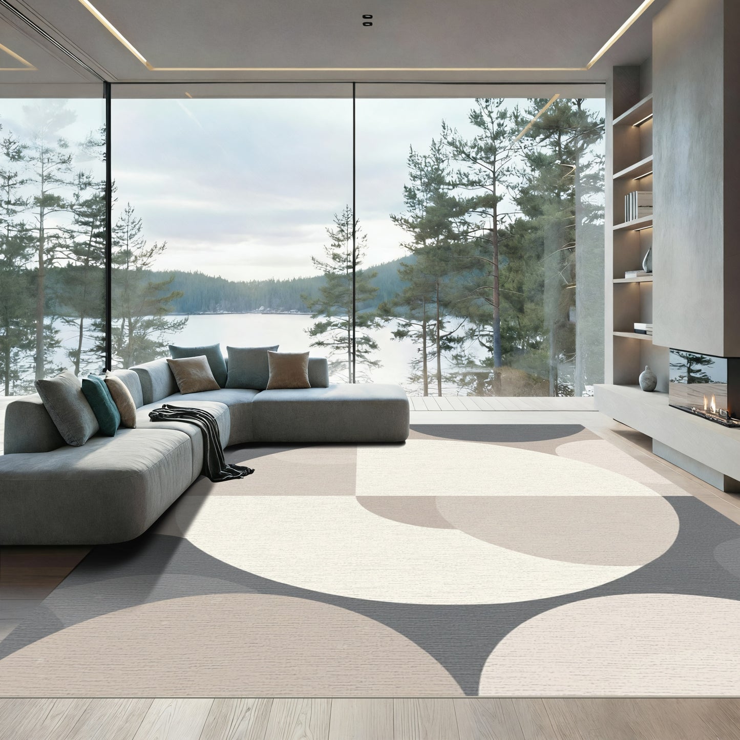 Neutral Geometric Mid-Century Circles Rug
