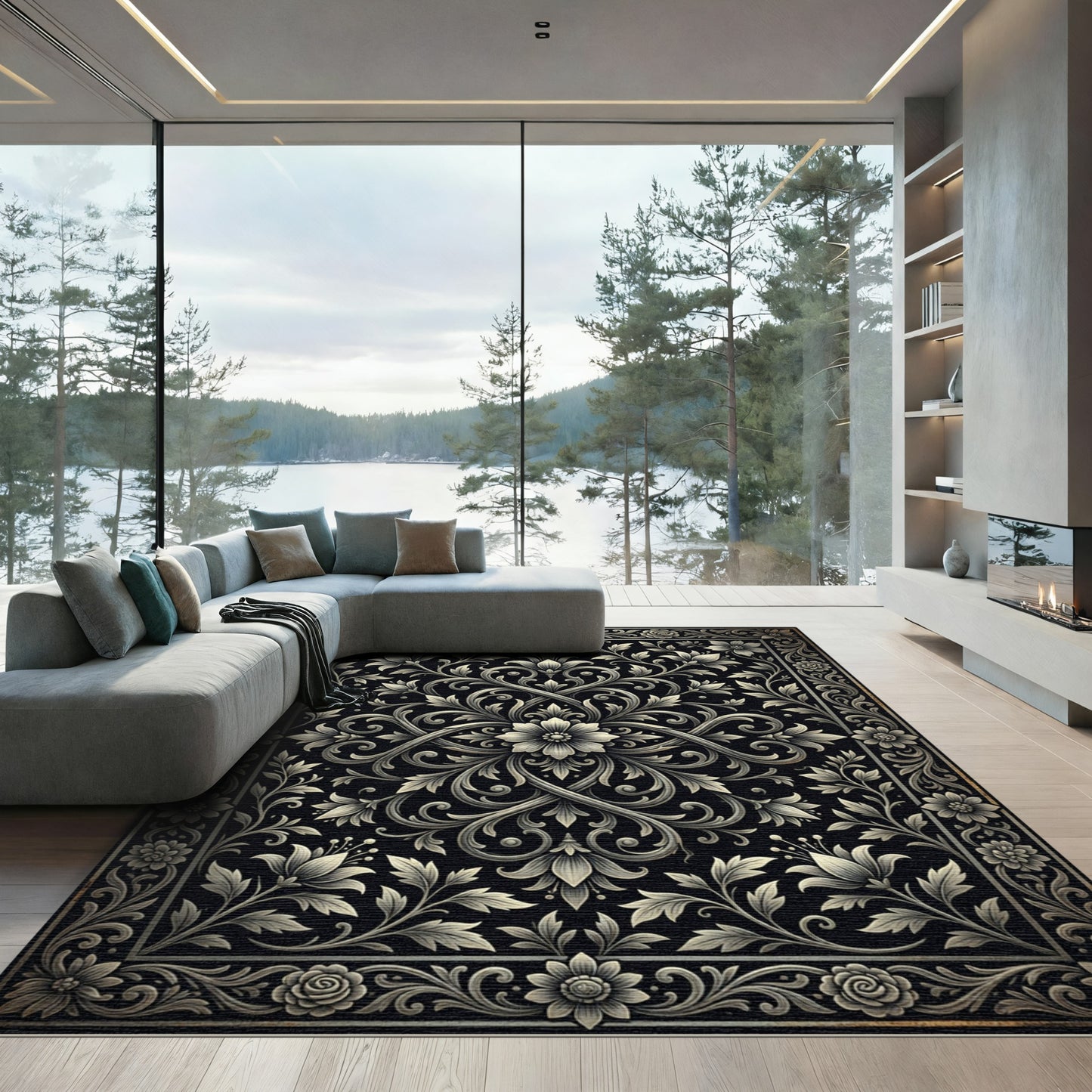 Intricate Floral Scrollwork Monochrome Rug