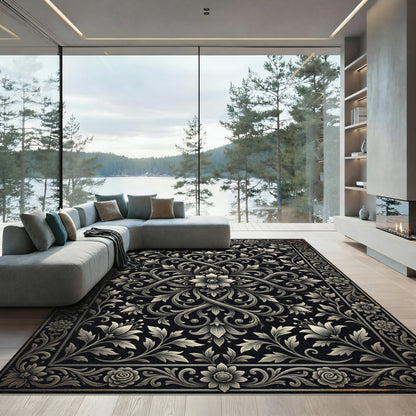 Intricate Floral Scrollwork Monochrome Rug