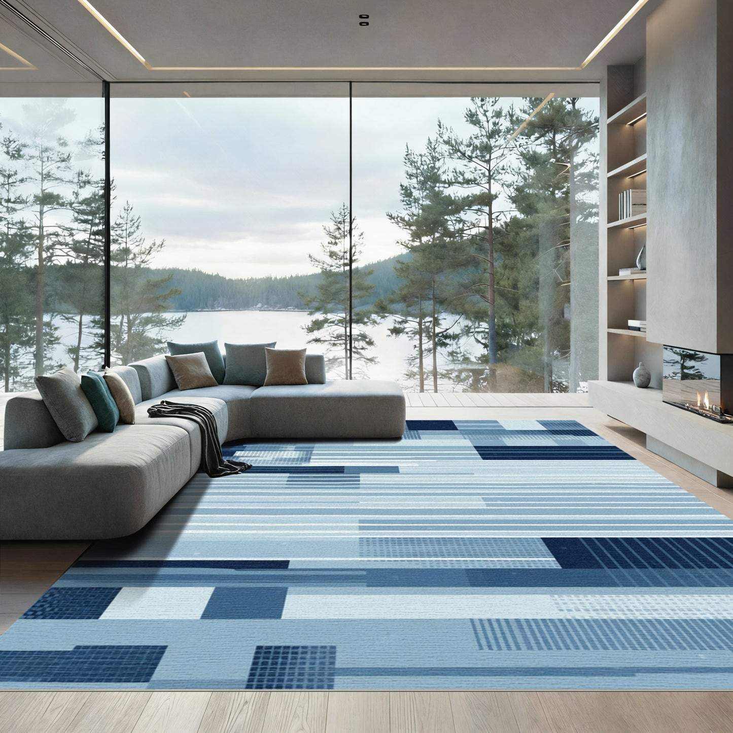Indigo Blue Abstract Geometric Blocks Rug