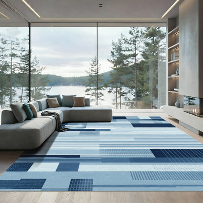 Indigo Blue Abstract Geometric Blocks Rug