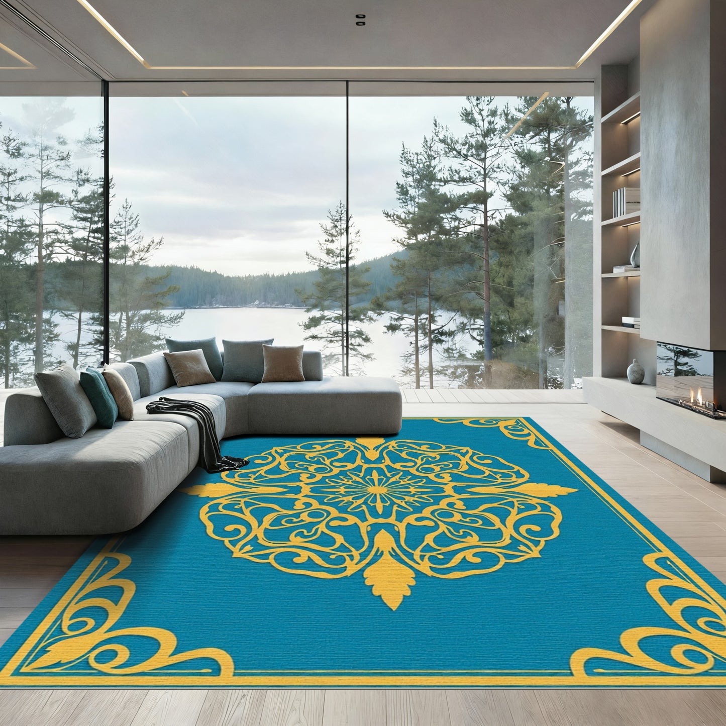 Teal Golden Ornate Mandala Rug
