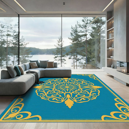 Teal Golden Ornate Mandala Rug