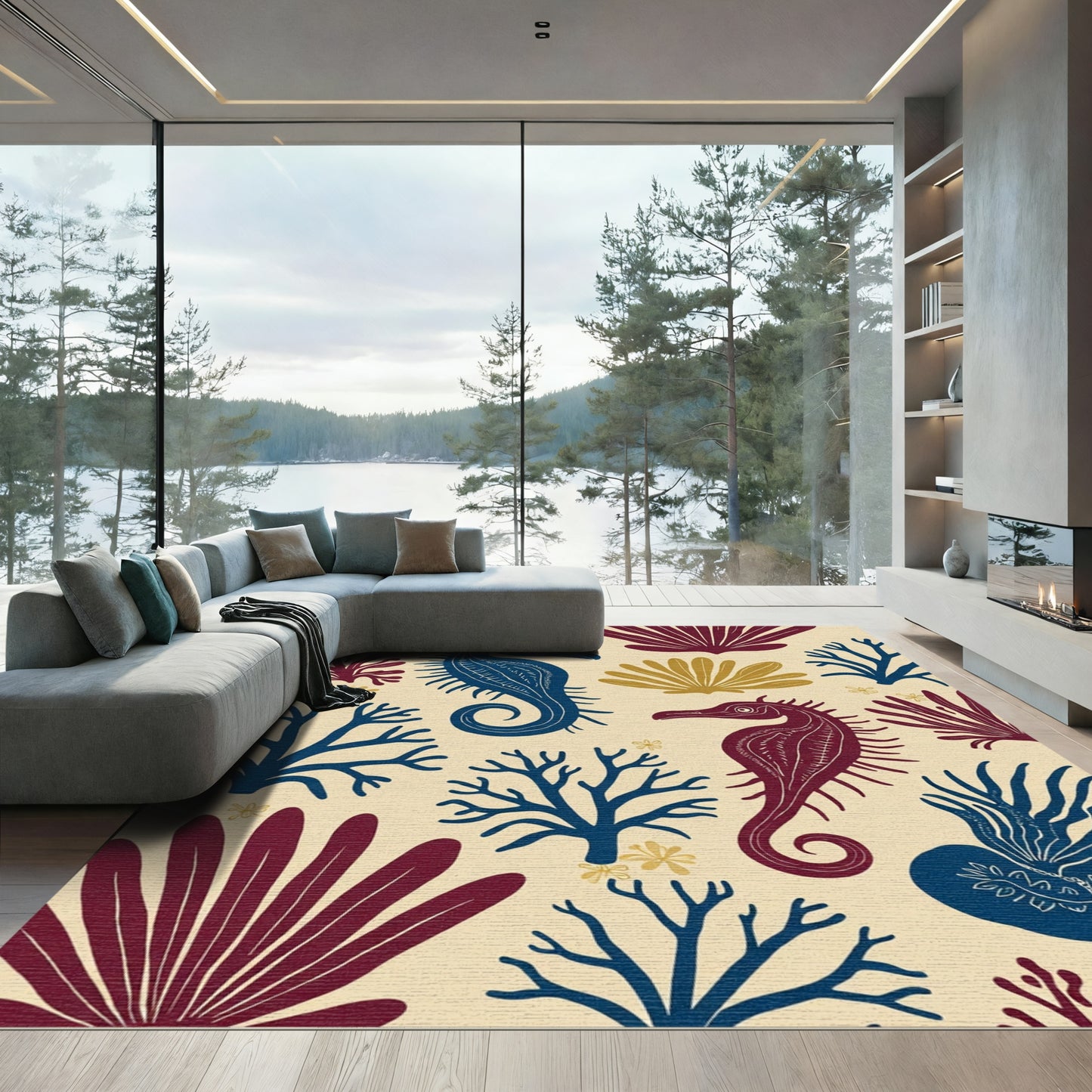 Deep Blue Red Seahorse Coral Collage Rug