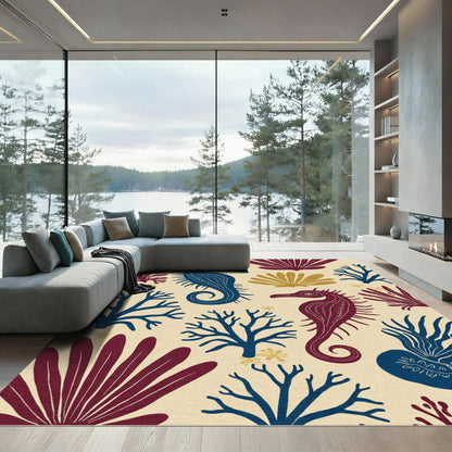 Deep Blue Red Seahorse Coral Collage Rug