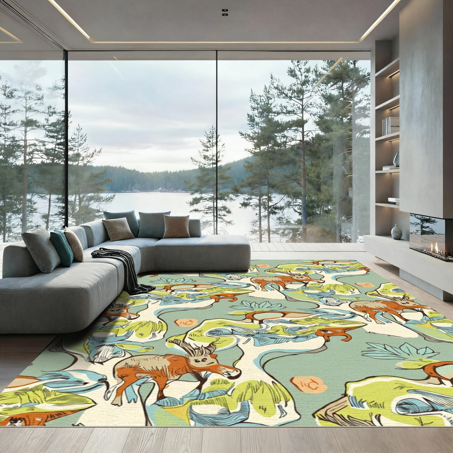 Whimsical Orange Deer Abstract Nature Rug