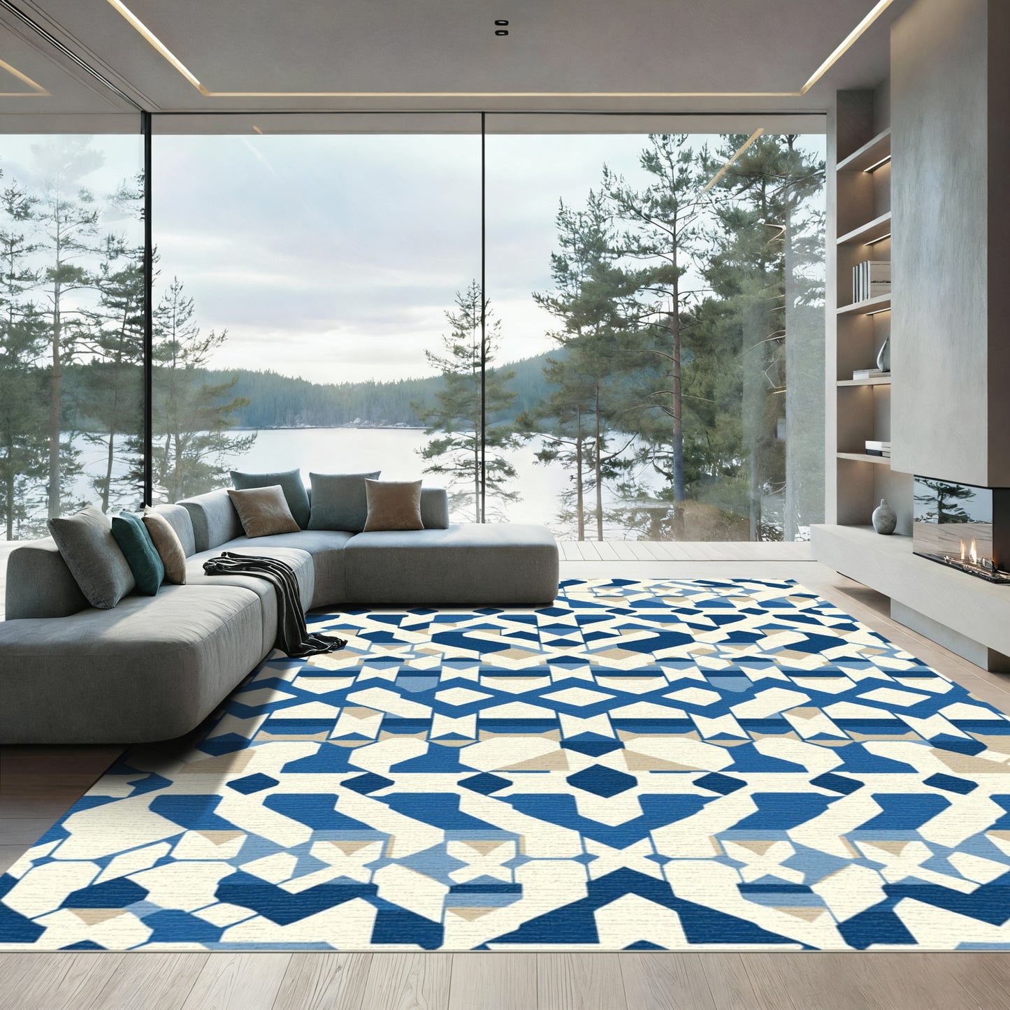 Geometric Blue Ivory Lattice Rug