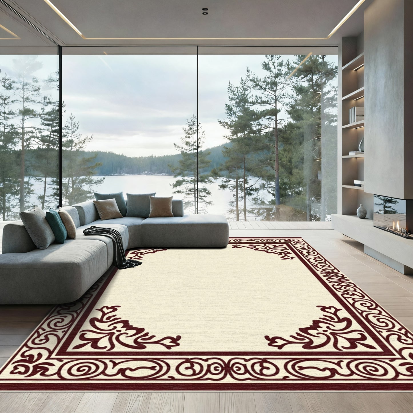 Maroon Ornate Scroll Border Rug