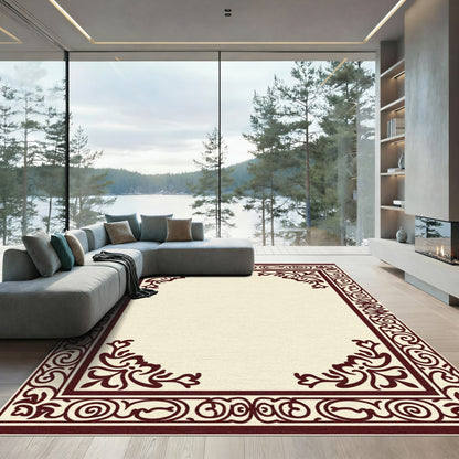 Maroon Ornate Scroll Border Rug