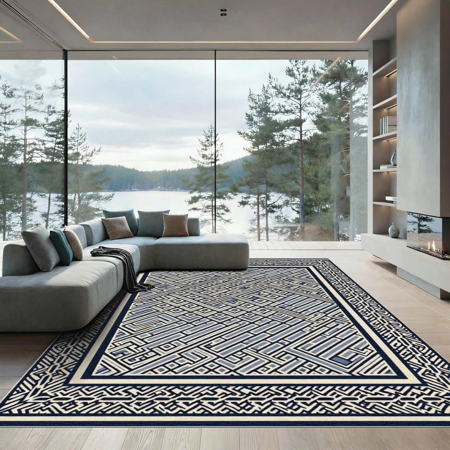 Navy Blue Geometric Maze Border Rug