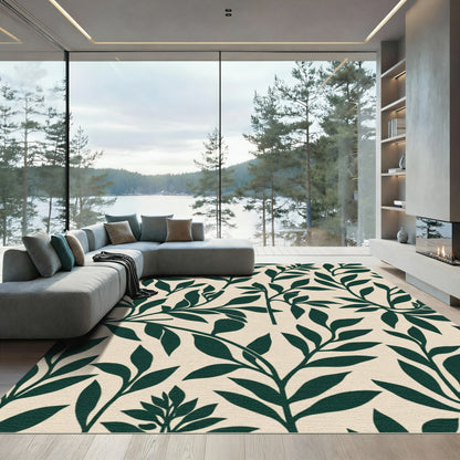 Dark Green Leafy Branch Pattern Rug