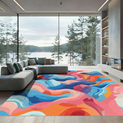 Vibrant Abstract Swirls Coral Blue Rug