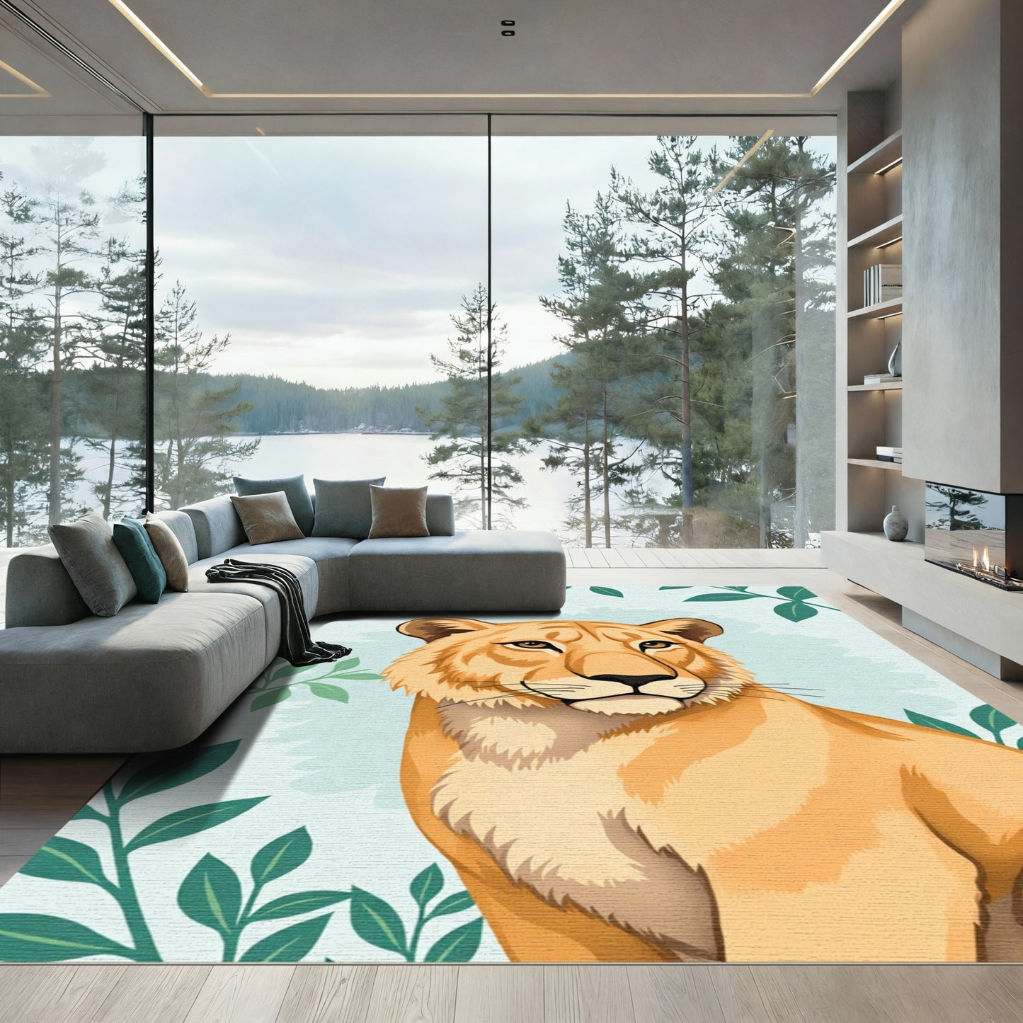 Majestic Lioness Greenery Background Render Rug