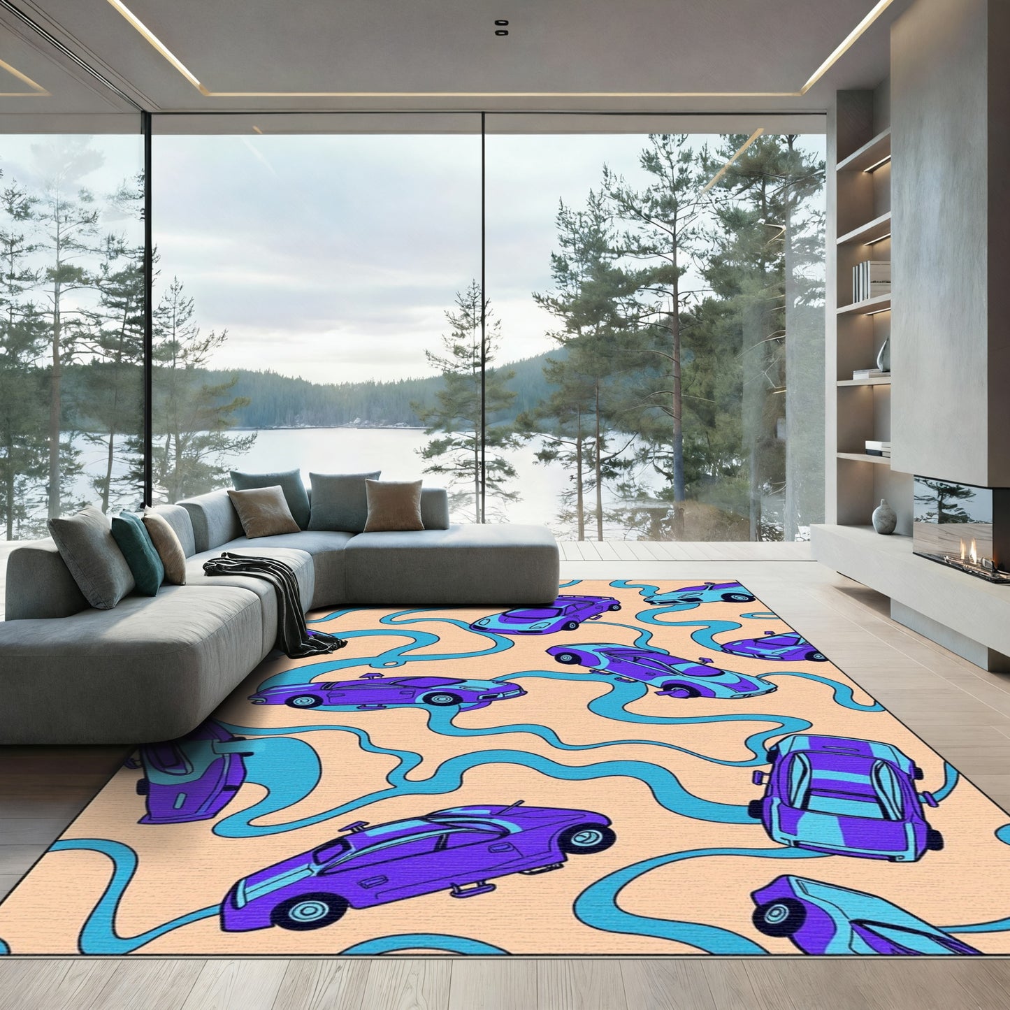 Retro Violet Blue Sports Cars Rug