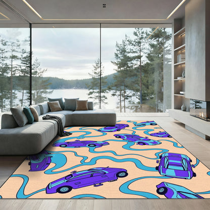 Retro Violet Blue Sports Cars Rug