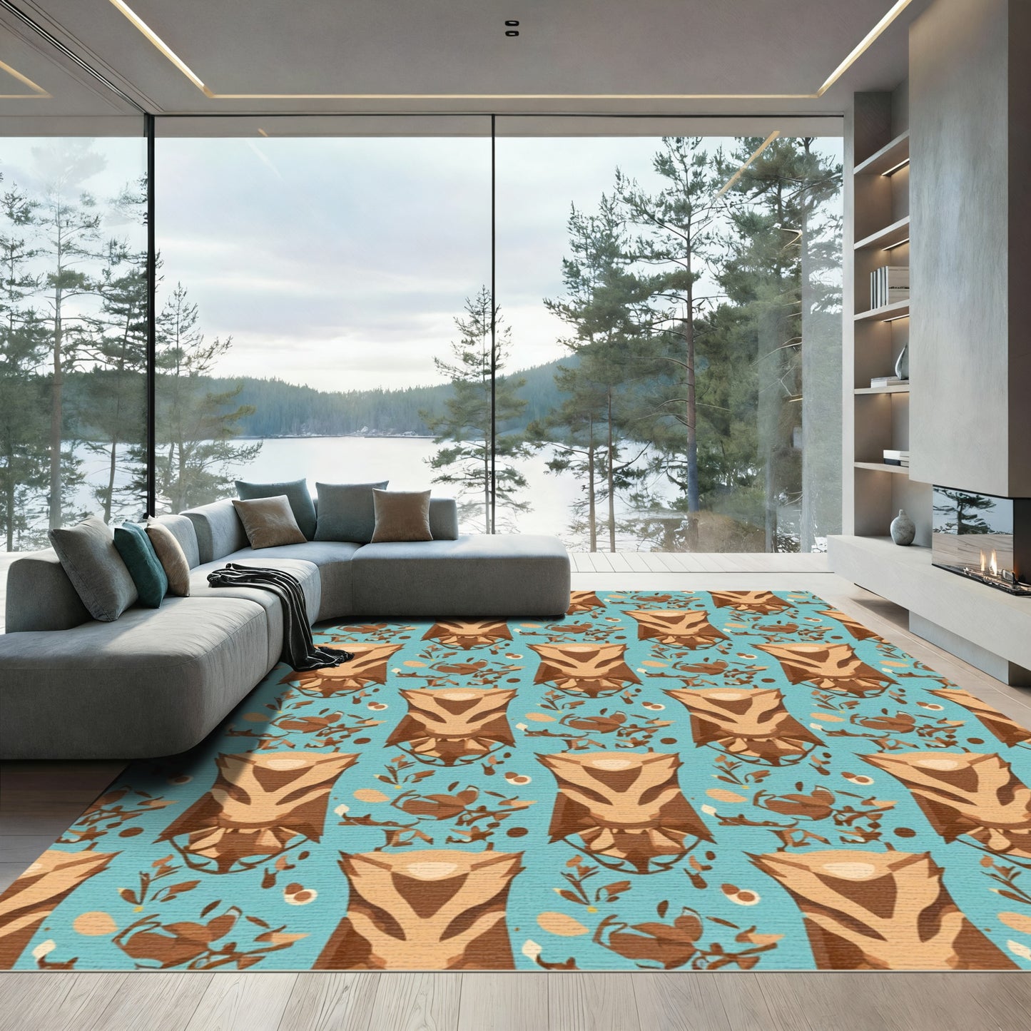 Brown Tawny Owl Blue Abstract Meadow Rug