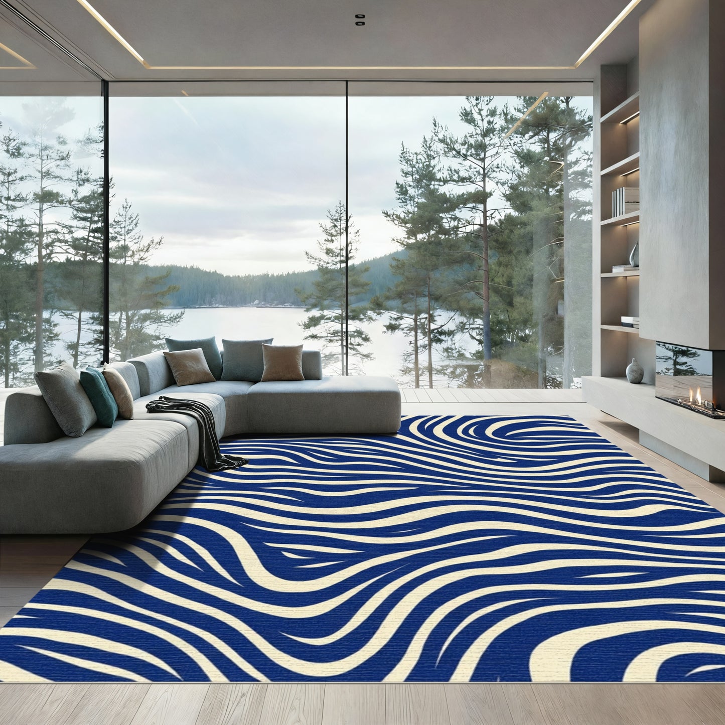 Midnight Blue Cream Swirling Lines Rug