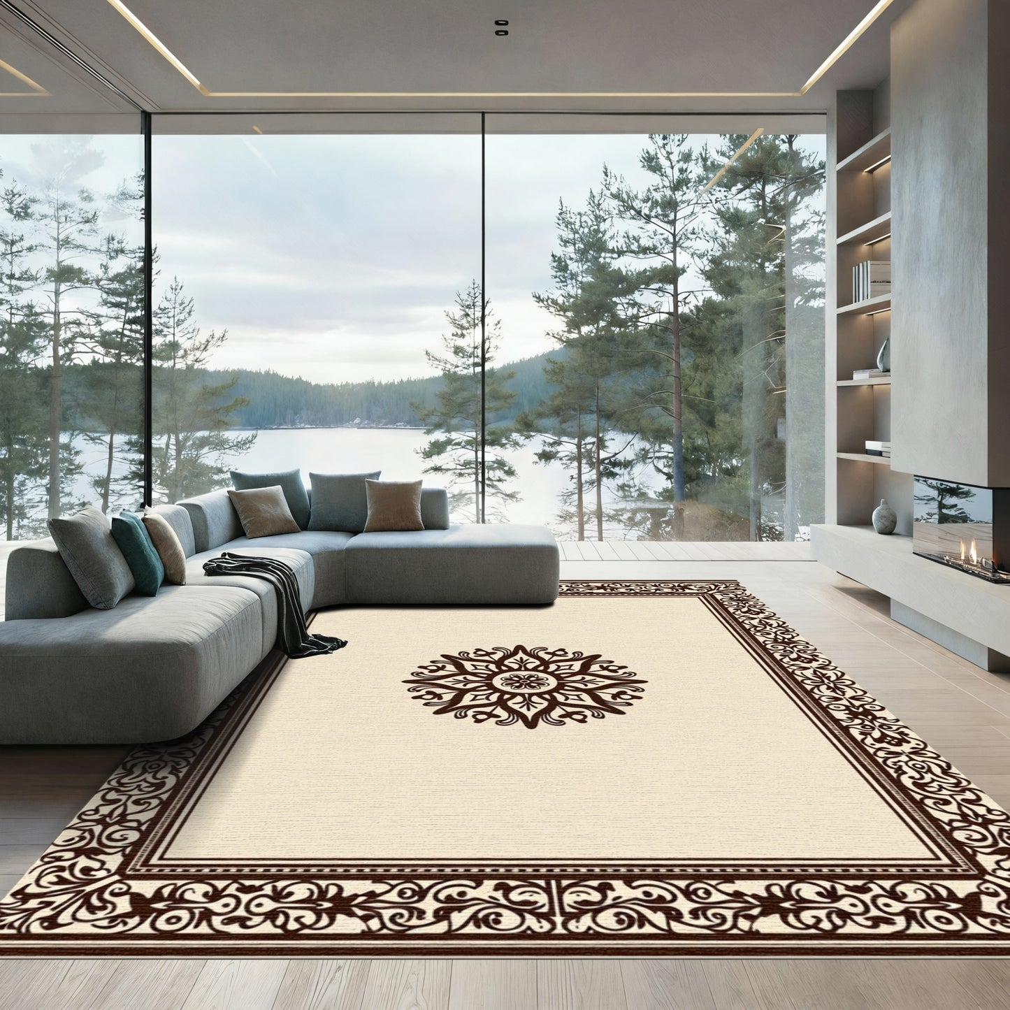 Dark Brown Bordered Floral Medallion Rug