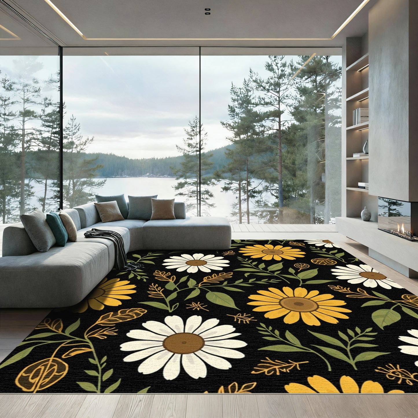 Yellow White Floral Garden Black Background Rug