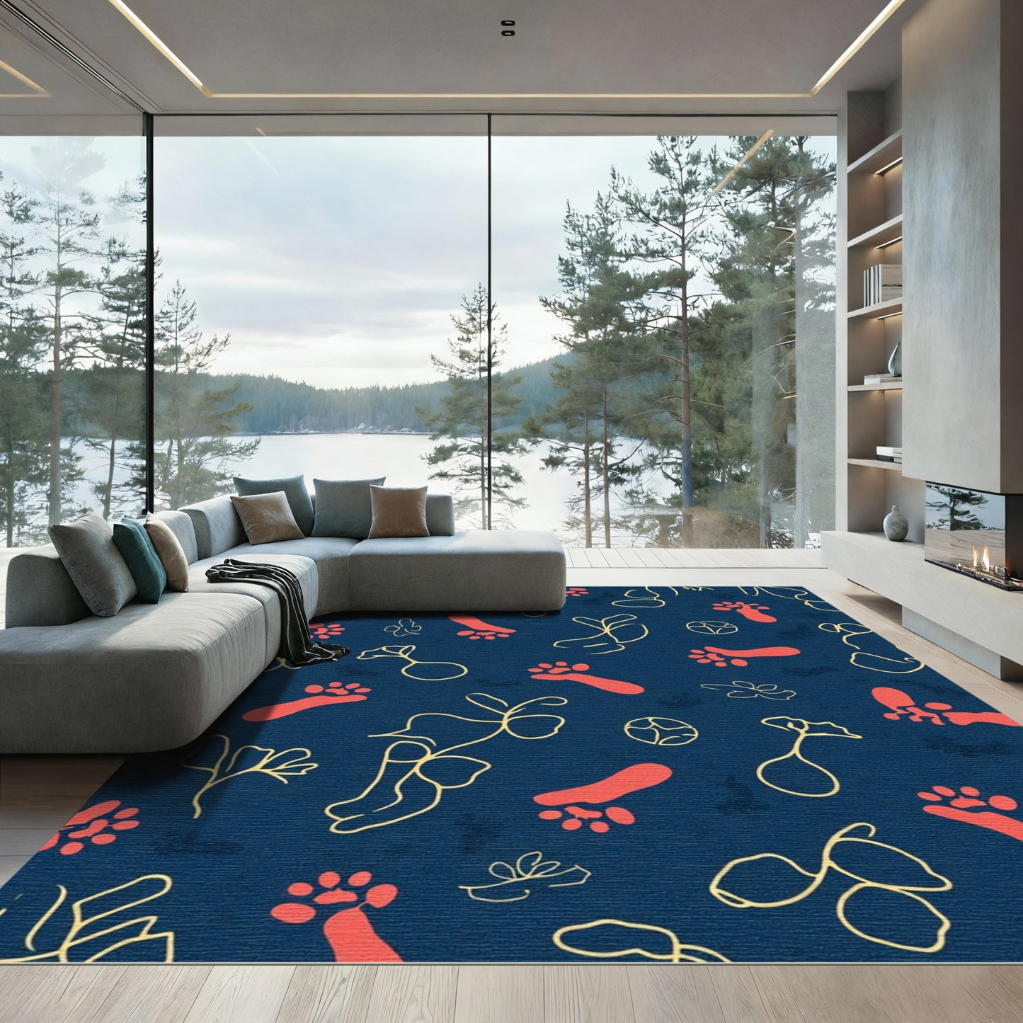 Coral Footprints Botanical Abstract Rug