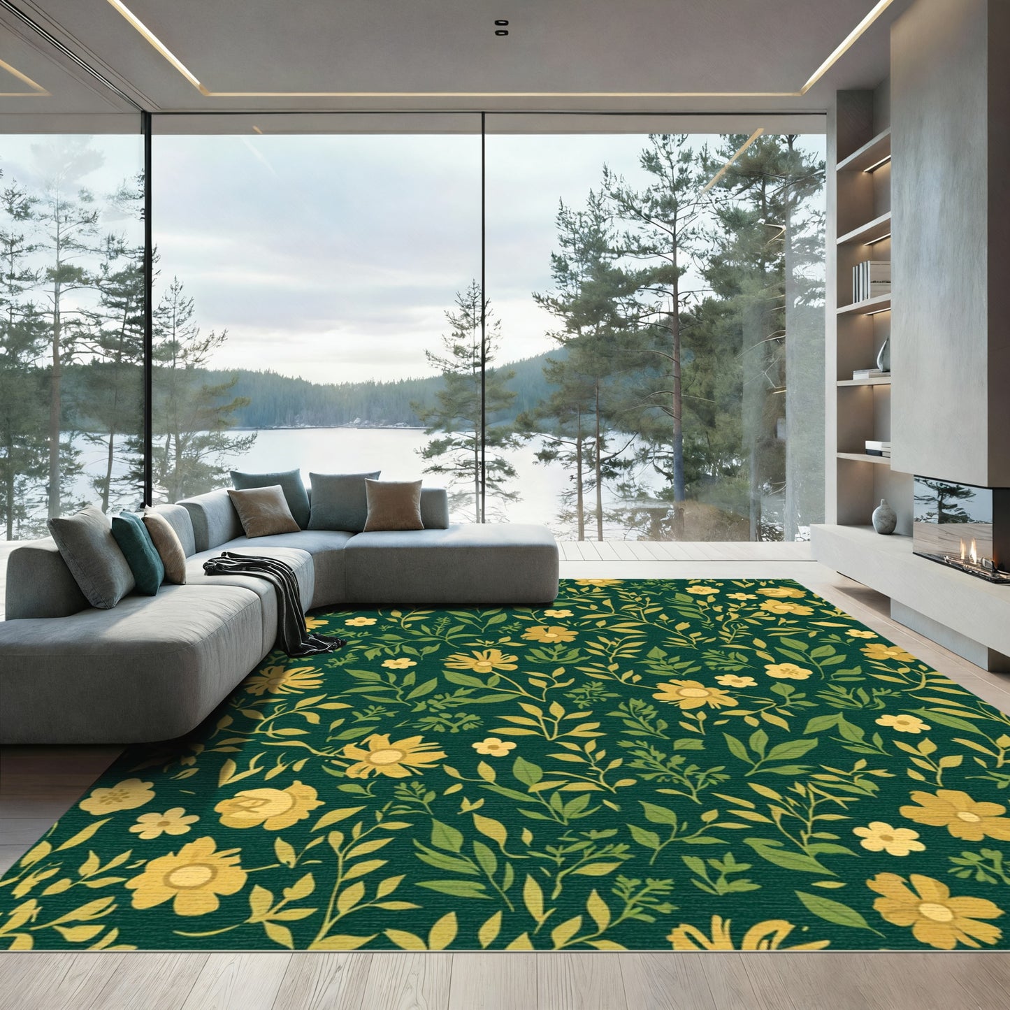 Golden Floral Meadow Green Rug