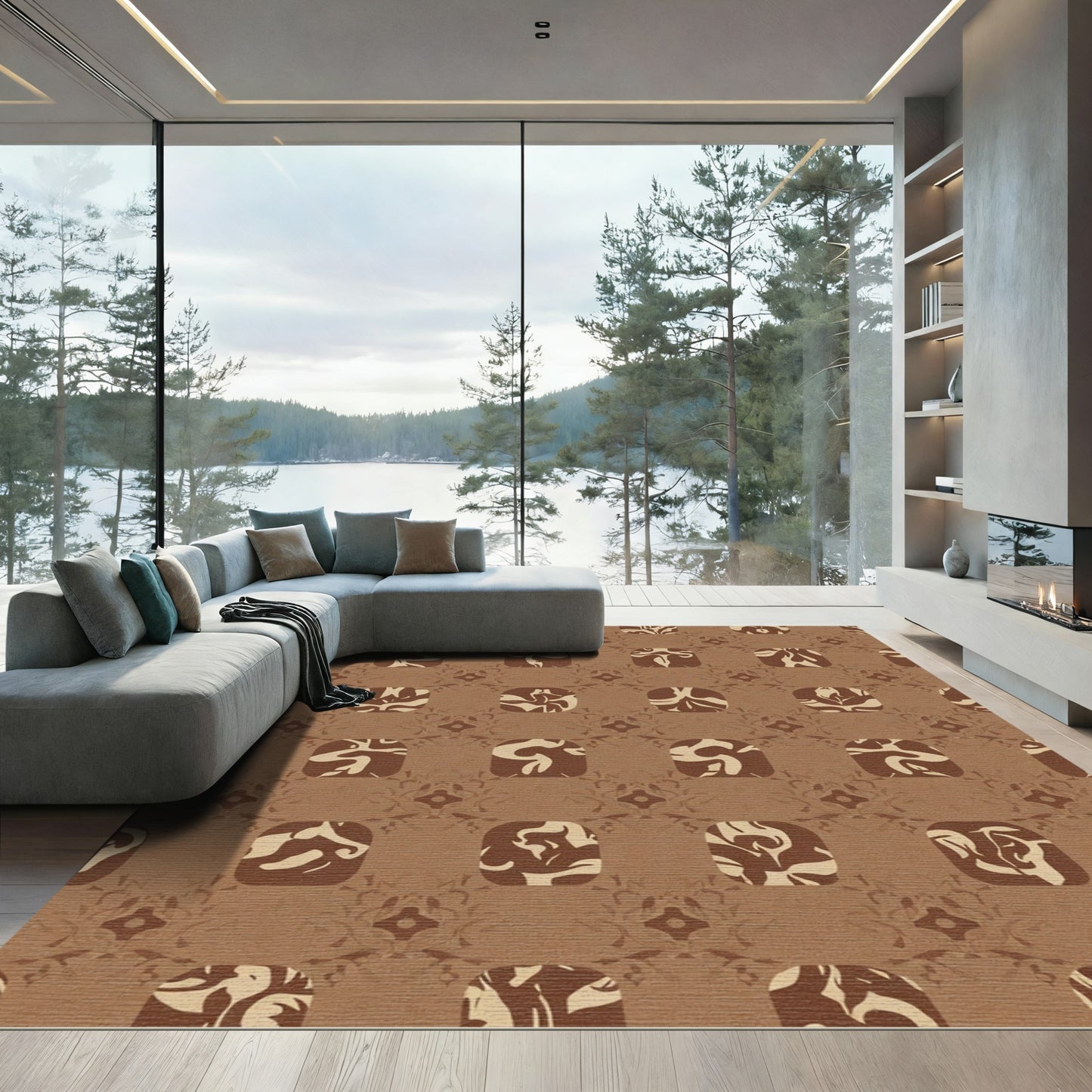 Brown Ochre Abstract Organic Squares Rug