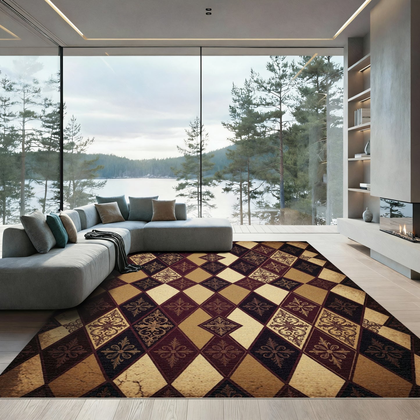 Regal Crimson Gold Diamond Brocade Rug