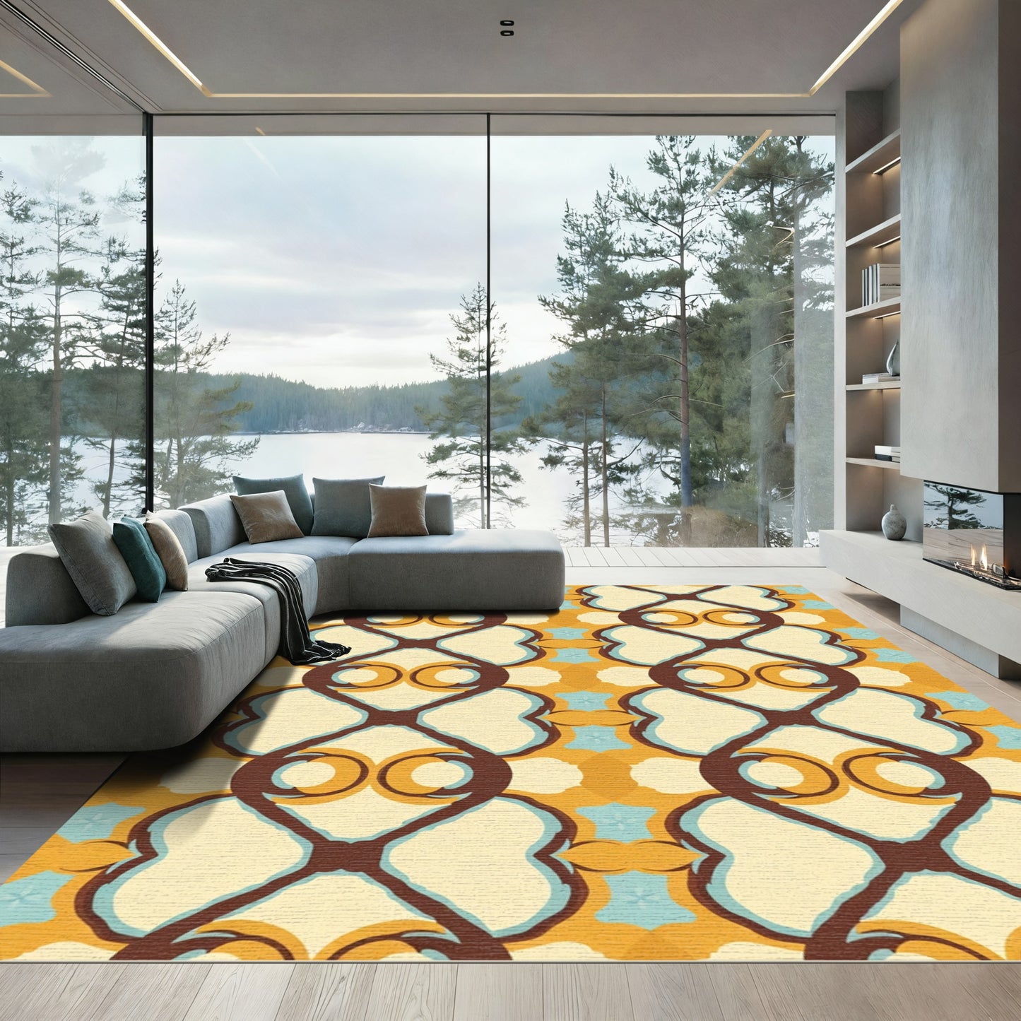 Retro Ochre Curvy Geometric Rug