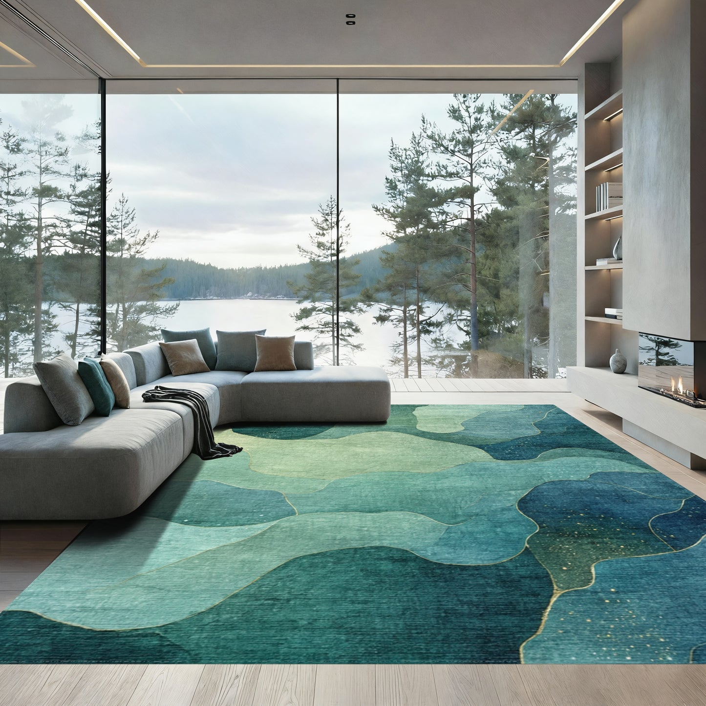 Teal Fluid Wave Abstract Rug