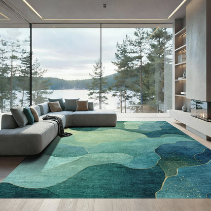 Teal Fluid Wave Abstract Rug