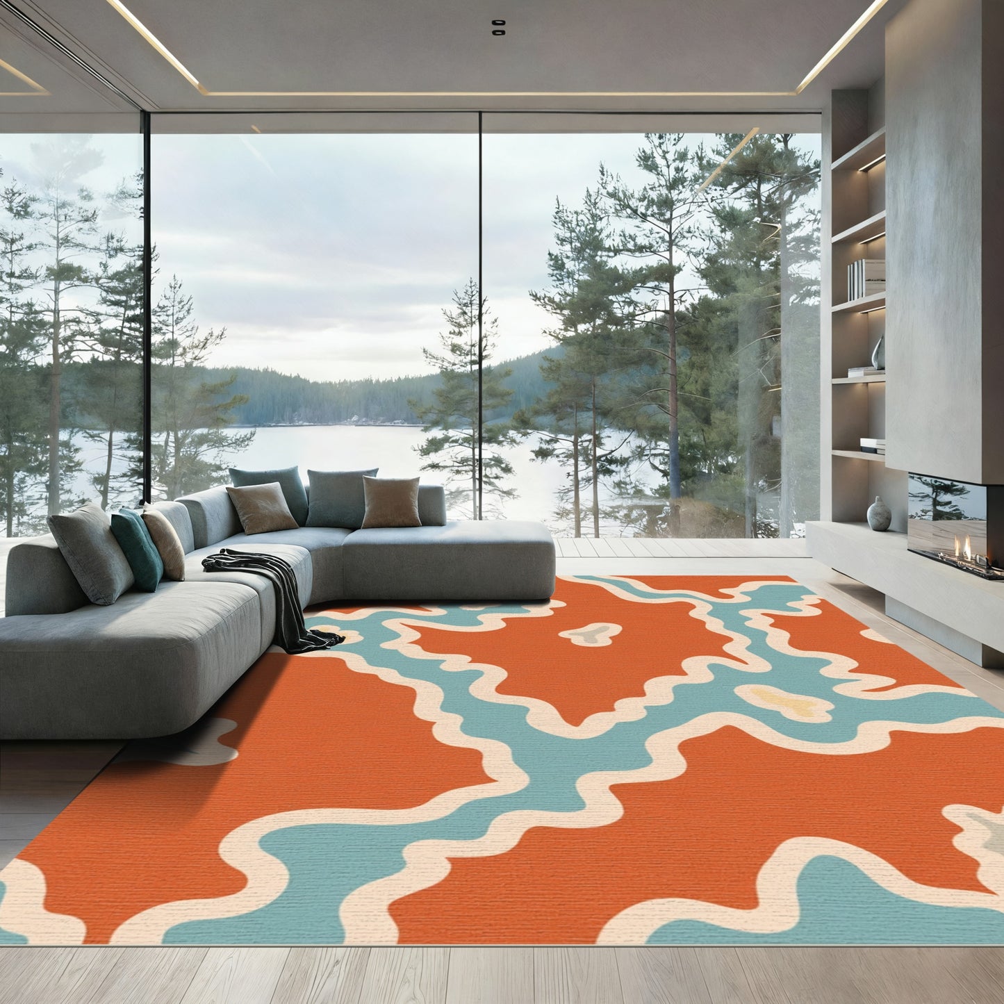Abstract Orange Aqua Wavy Lines Rug